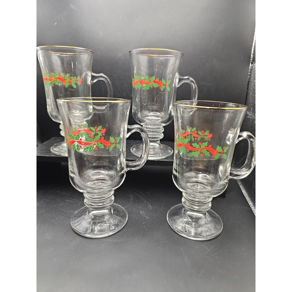 VTG Libbey Christmas Holly Berry Pedestal Irish Coffee Glass Mugs Gold Rim Set 4